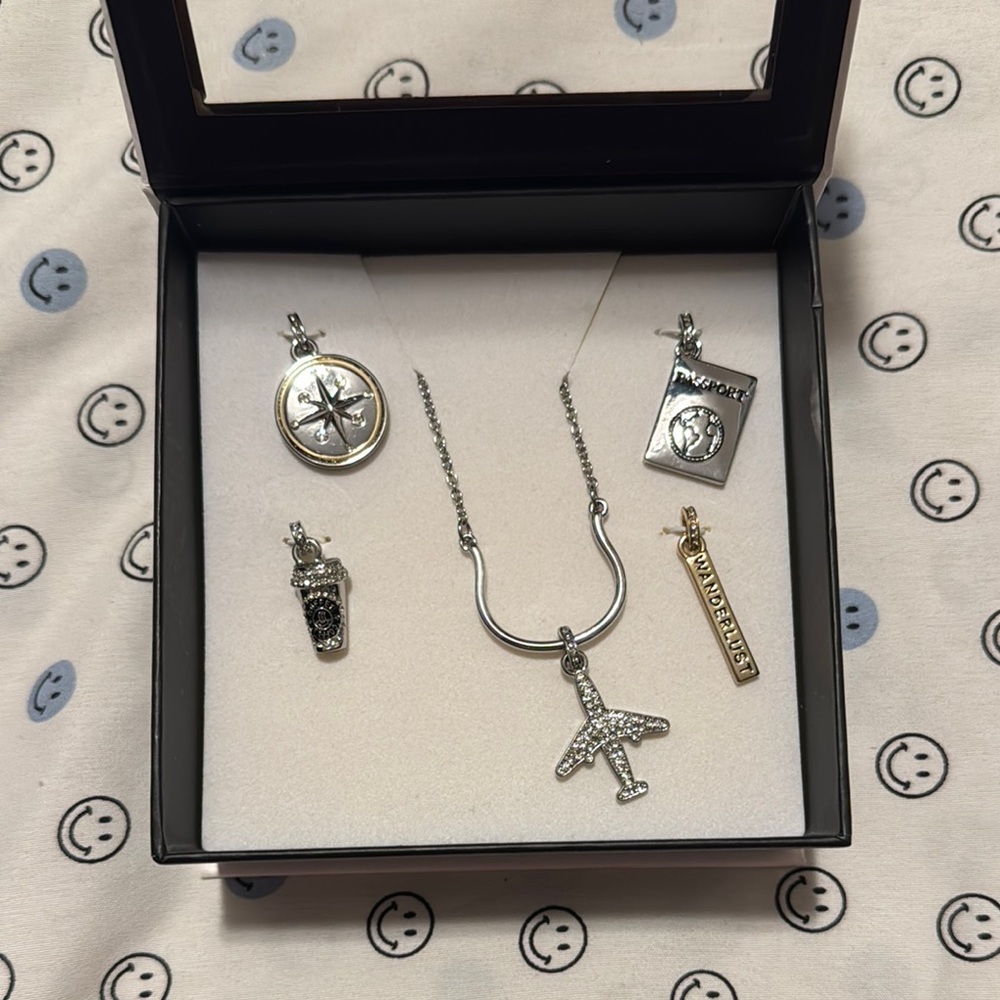 White House Black Market Silver Travel Necklace with Charms, NEW in Box!